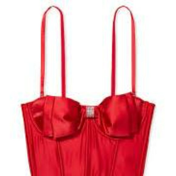 NWT *Victoria's Secret Dream Angels Red Bling Rhinestone Bow Long Line Satin Bra - Picture 1 of 13